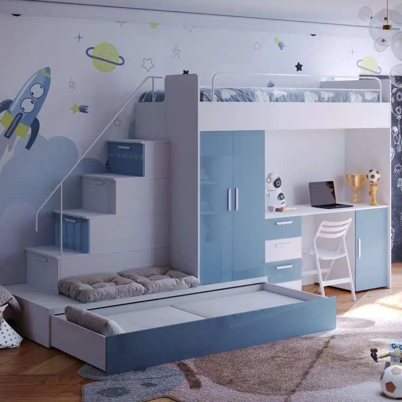 Children’s bunk bed with storage stairs, wardrobe, desk, and pull-out bed in white and blue gloss finish