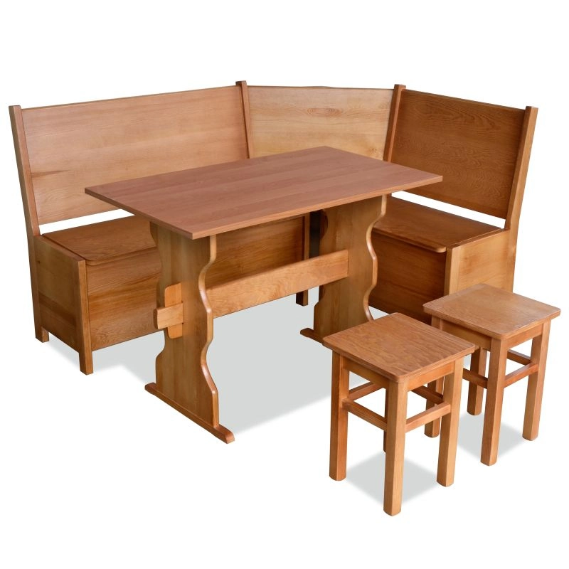 Kitchen corner set made of solid wood, featuring deep under-seat storage compartments and a non-upholstered finish for a rustic look