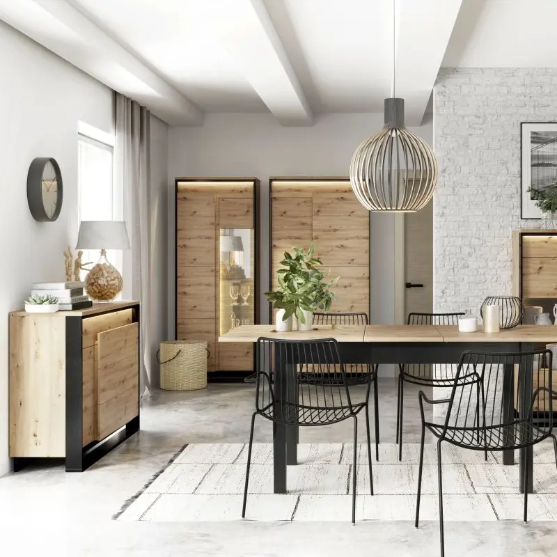 Industrial-style living room furniture with black frames and artisan oak laminate finish