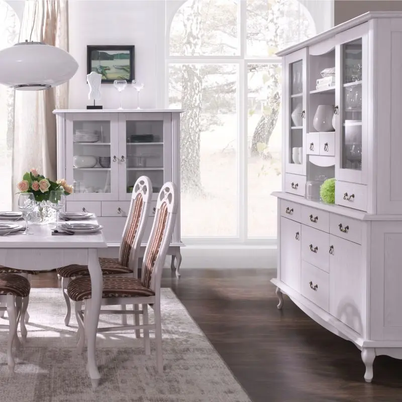 Elegant light-colored furniture set for living and dining room with classic styling, including a sideboard with mirror and a display cabinet