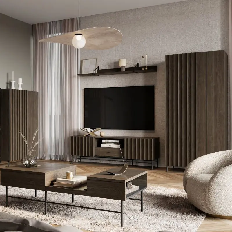 Modern dark living room furniture set with decorative lamella panels, including cabinets, TV unit, and coffee tables