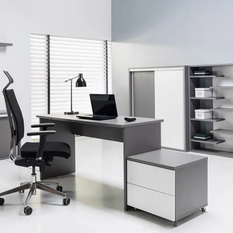 Modern white and grey office furniture set featuring a desk, rolling cabinet, bookcases, and storage units – ideal for contemporary workspaces